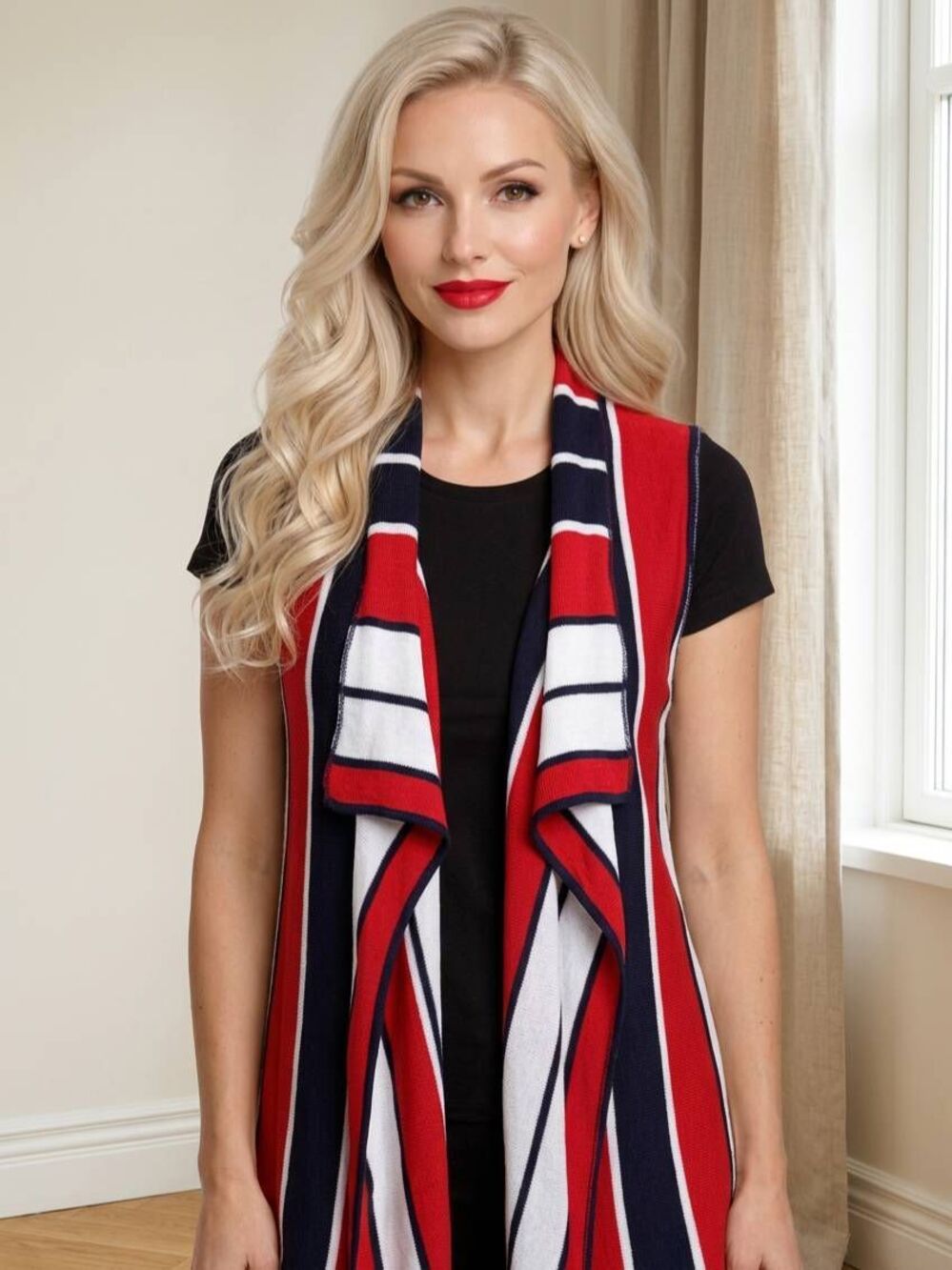🔹️Serendipity Red, Blue, & White Striped Open Front Sleeveless Cardigan Large